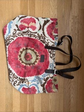 Floral Tote Bag with Brown Leather Straps - Pink Multicolor
